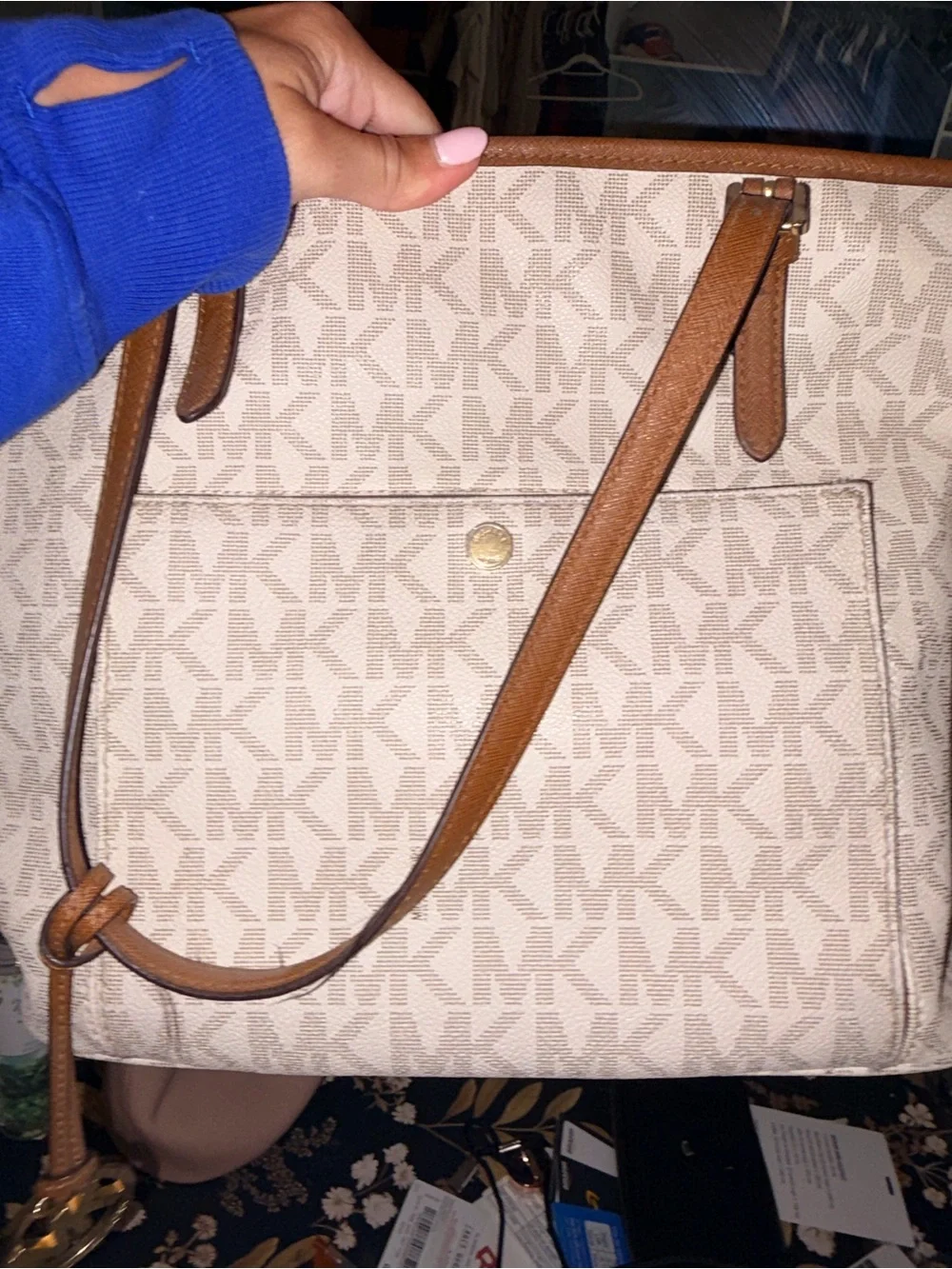 Michael Kors Cream Logo Tote with Brown Leather Trim